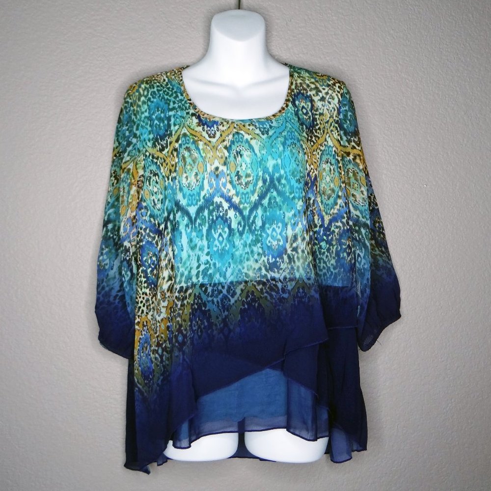 One World Geometric Layered Print Blouse / Top in Teal Blues & Greens Size M